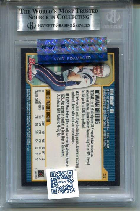 2000 Bowman Football 236 Tom Brady Rookie Card Graded BGS 9 MINT W 9