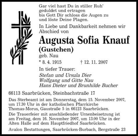 Traueranzeigen Von Augusta Sofia Knauf Saarbruecker Zeitung Trauer De