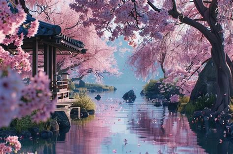 Premium Photo | Tranquil Japanese cherry blossom garden in full bl