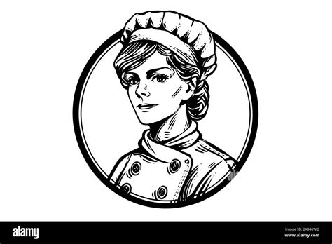 Woman Chef Ink Sketch In Engraving Style Drawing Young Female Vector