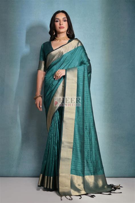rama green color soft raw silk saree  zari weaving work