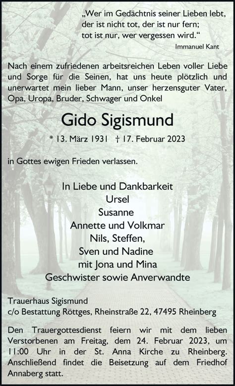 Alle Traueranzeigen F R Gido Sigismund Trauer Rp Online De