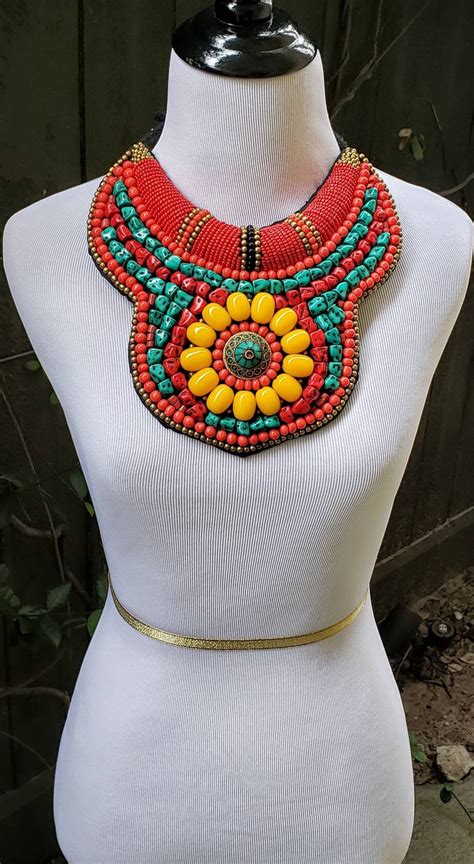 Tibetan Red Yellow Bead Bib Necklace With Brass Medallion Tibetan