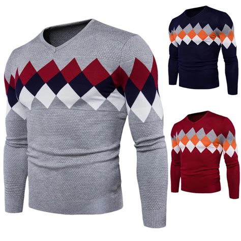 Brand Sweater Men Argyle Mens Knitted Pullover 2017 Autumn Casual V Neck Long Sleeve Mens