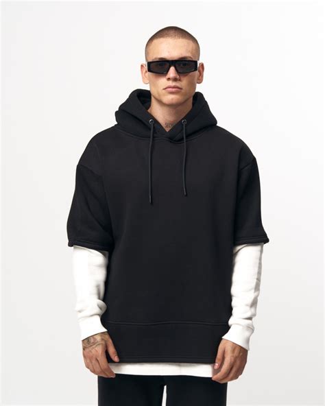 Mens Oversize Half Sleeve Detailed Hoodie Blackandwhite Martin Valen