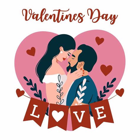 Romantic Couple Poster Valentines Day Greeting Card Vector Flat Style