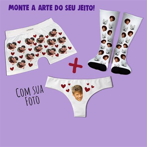 Kit Cueca Calcinha Meia Personalizado Foto Frente Verso Arte Do