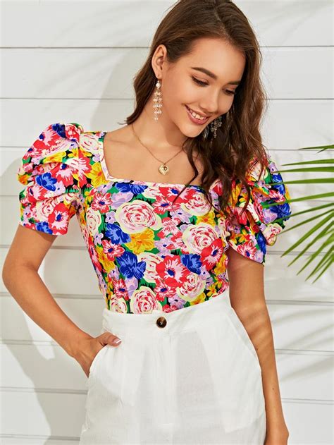 Square Neck Puff Sleeve Floral Print Top Floral Print Tops Blouses