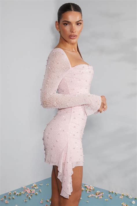 Tivoli Long Sleeve Embellished Cowl Neck Mini Dress In Blush Oh Polly