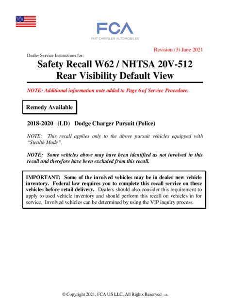 Fillable Online Safety Recall W62 NHTSA 20V 512 Rear Visibility