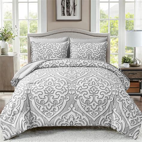 Djy Gray Comforter Set Queen Size Boho Damask Pattern Bed In A Bag