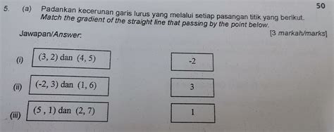 Solved: 50 5. (a) Padankan kecerunan garis lurus yang melalui setiap ...