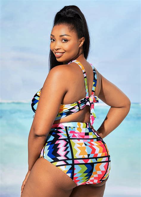 High Waisted Geometric Print Plus Size Bikini Set Rosewe Usd