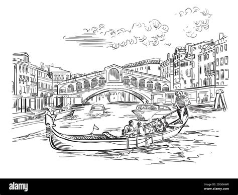 Vector Hand Drawing Sketch Illustration Of Rialto Bridge On Grand Canal