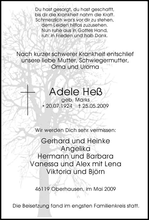 Traueranzeigen Von Adele He Trauer In Nrw De