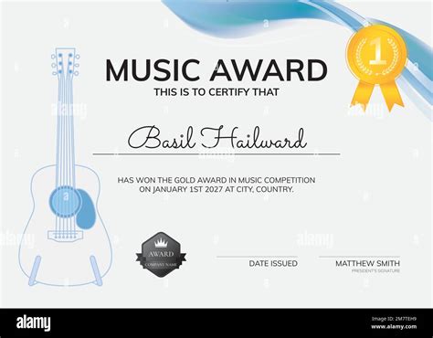 Music Award Certificate Template Vector With Guitar Illustration