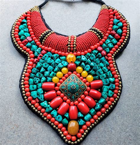 Tibetan Beaded Bib Necklace Statement Necklace Coral Collar Necklace