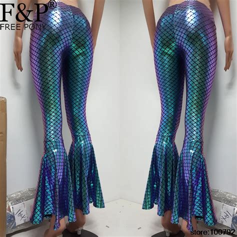 Women Green Holographic Mermaid Costumes Flare Bell Bottom Pants Rave