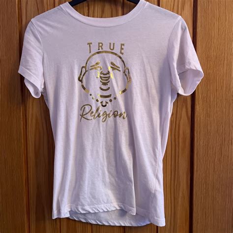 True Religion Women S White And Gold T Shirt Depop