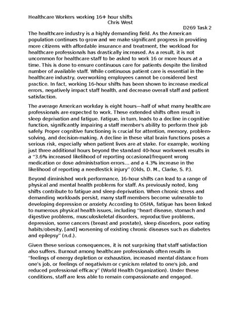 D269 Task 2 - Impact of Long Shifts on Healthcare Workers - Studocu