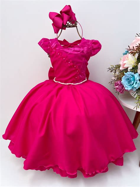 Vestido Infantil Pink Renda e Aplique de Flores Pérolas Rosa Charmosa