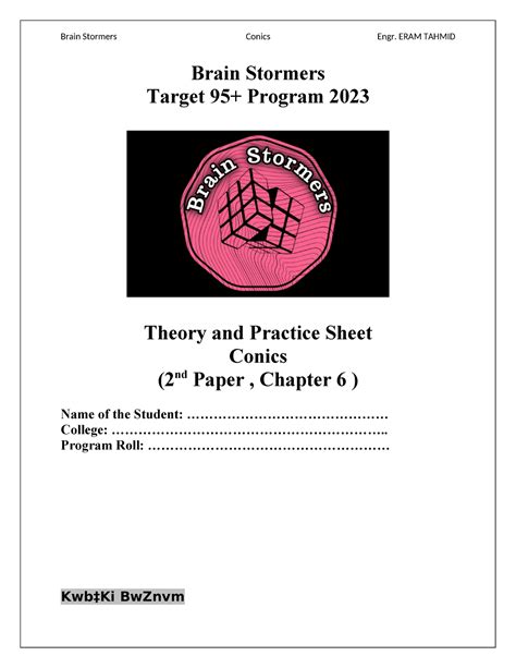 Conics Student Sheet Brain Stormers Target 95 Program 2023 Theory