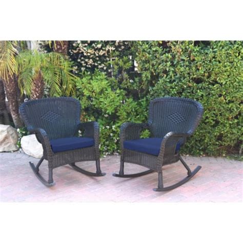 Jeco W00214 R 2 FS011 Windsor Black Resin Wicker Rocker Chair With Blue