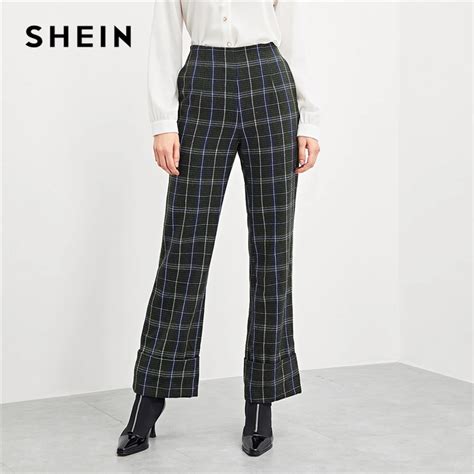 Shein Multicolor Tweed Slant Pocket Rolled Up Hem Plaid Pants High