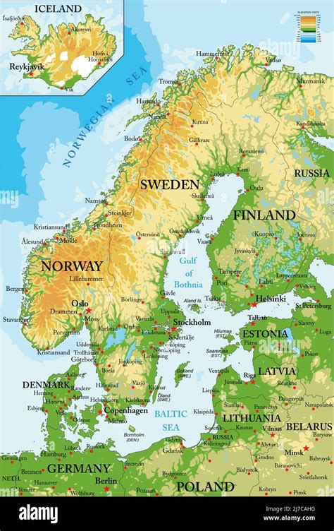 Mapa físico altamente detallado de Escandinavia en formato vectorial