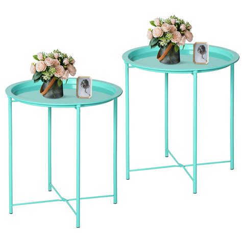 VECELO Set Of 2 Round Side End Table Folding Metal Small Coffee Table