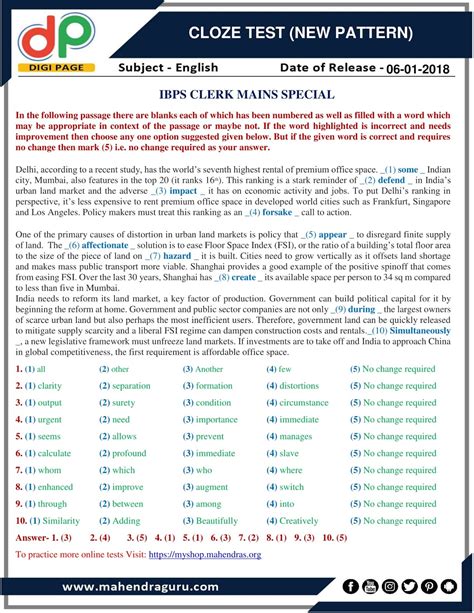 Dp Cloze Test New Pattern For Ibps Clerk Mains Special