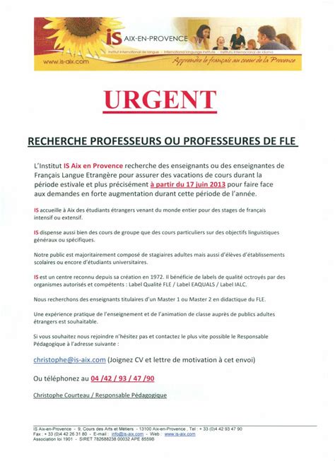 Offre Poste Professeur Fle Institut Is Aix En Provence Par Support