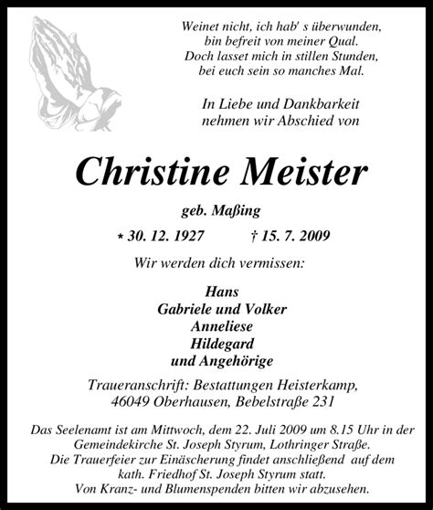 Traueranzeigen Von Christine Meister Trauer In Nrw De