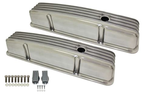 1958 86 SBC Chevy Polished Aluminum Finned Valve Covers Set W Hole Tall