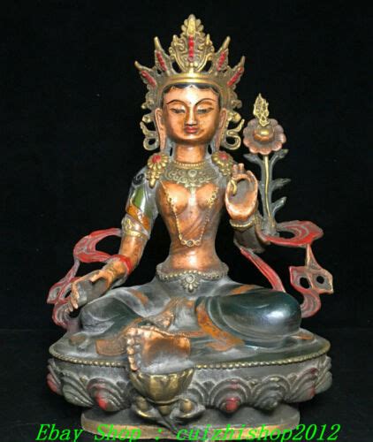 Tibet Nepal Bronze Painting Green Tara Mahayana Buddhism Goddess Buddha