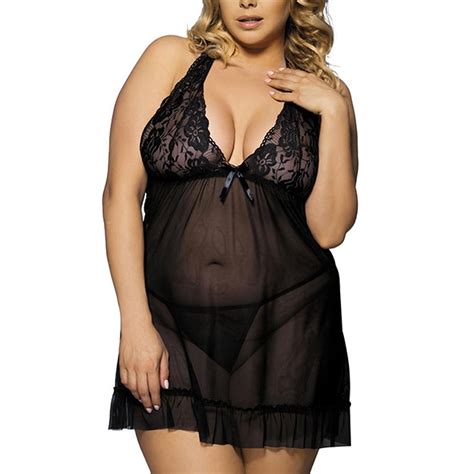 Buy FREE 2PCS Women Bee Babydoll Negligee Sexy Lingerie Lace Plus Size