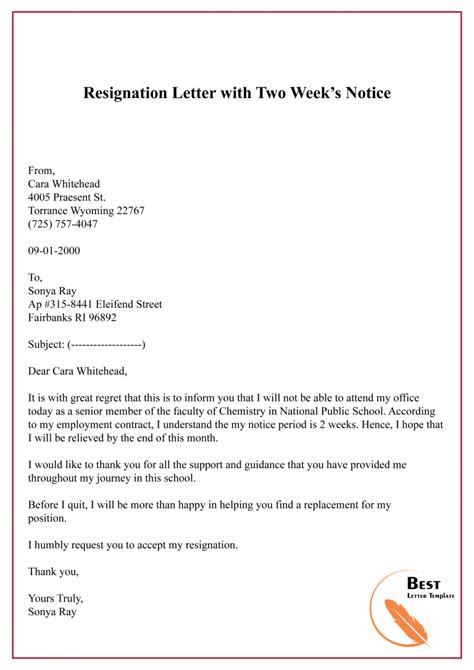 Free Resignation Letter Sample Example