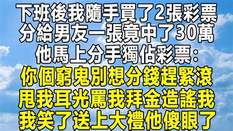 下班後我隨手買了2張彩票，分給男友一張竟中了30萬，他馬上分手獨佔彩票：你個窮鬼別想分錢趕緊滾，甩我耳光罵我拜金造謠我！我笑了送上大禮他傻眼了