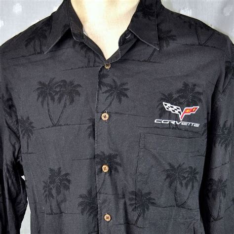 Reyn Spooner Corvette Sewn Logo Palms Xl Mens Black Hawaiian Shirt Chevy Black Hawaiian Shirt