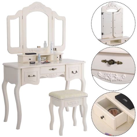 Makeup Vanity Table Set Tri Folding Mirror Dressing Table With 5