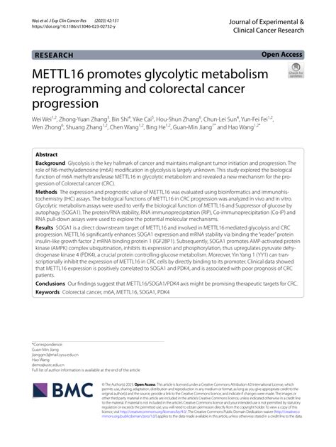 Pdf Mettl16 Promotes Glycolytic Metabolism Reprogramming And Colorectal Cancer Progression