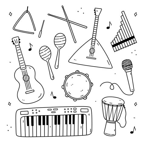 Cute Doodle Set Of Musical Instruments Triangle Drumsticks