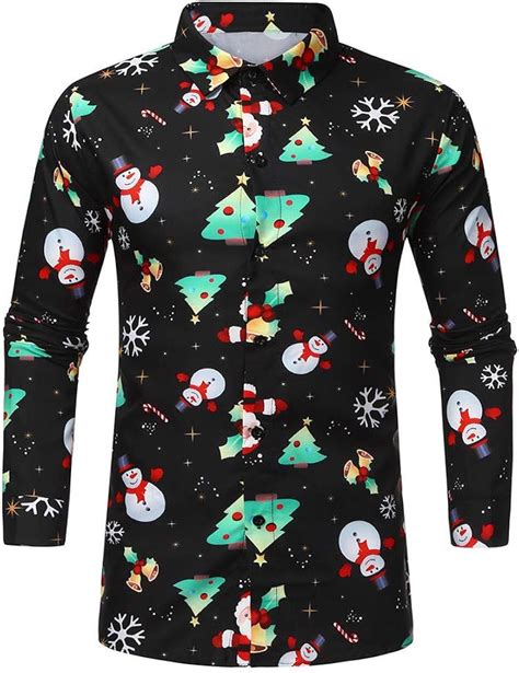 Mens Christmas Shirts Snowflakes Santa Ethnic Printed Long Sleeve Dress Shirts Prom Performing