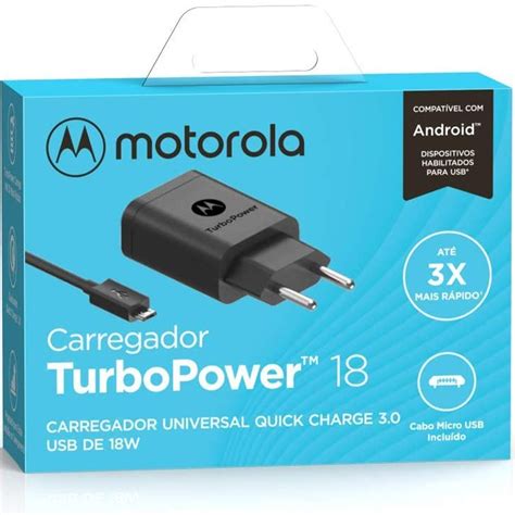 Carregador Original Motorola Turbo Power Qc30 Micro Usb 18w Carrega Rápido Preto Motorola