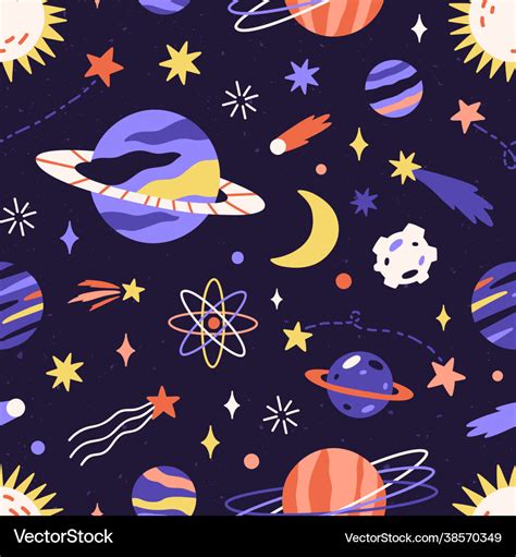 Seamless Space Pattern With Planets And Stars Vector Image