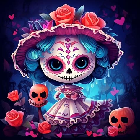 Boneca fofa catrina vodu mexicana dia de muertos dia dos mortos padrão