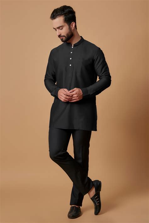 Buy Black Cotton Silk Plain Zaid Pintucked Mandarin Collar Kurta For