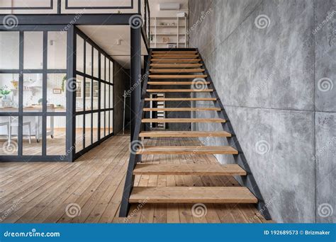 Wooden Stairs In Apartment House With Modern Interior Design Stock