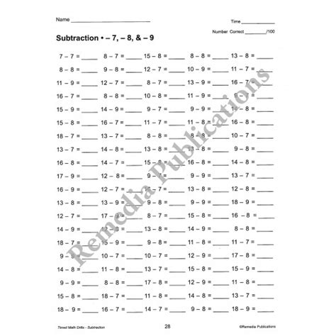 Timed Math Drills Subtraction Worksheets Library