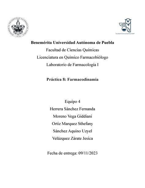 Práctica 8 Farmacodinamia Benemérita Universidad Autónoma de Puebla